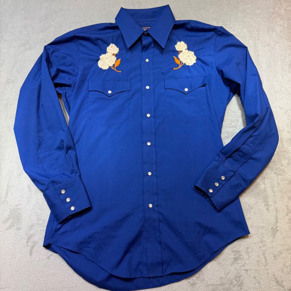 Vintage 70s Chute 1 Blue Embroidered Western Pearl Snap Shirt 16-34 Cotton Blend